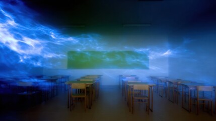Naklejka premium Empty classroom interior with glowing blue light effects across rows of desks and a central green chalkboard for academic branding, creative education and school backgrounds