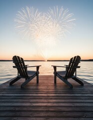 Obraz premium Fireworks exploding over a calm lake at dusk with two adirondack chairs on a wooden dock for holiday celebration, cottage retreat and summer travel advertising
