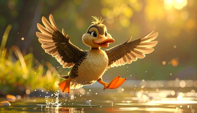 A cartoon duck jumping out of water.
