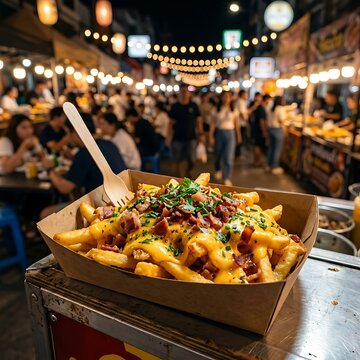 A close-up of loaded cheese fries with bacon and chives at a vibrant night market with blurred people and string lights in the background.