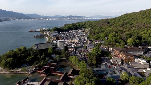 Aerial View of Miyajima Island Village and Hiroshima Bay from Above, Japan