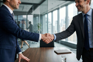 Fototapeta premium Business professionals shaking hands in modern office with city view during meeting