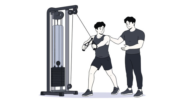 Man Training with Personal Trainer on Cable Machine 2D Illustration