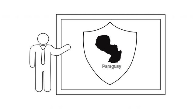 Man presenting Paraguay map on shield in front of whiteboard.