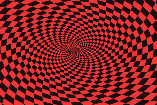 Red and black checkerboard pattern vortex, optical illusion tunnel abstract background color