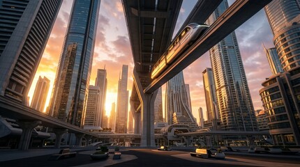 Fototapeta premium Futuristic city skyline at sunset with a monorail gliding through modern skyscrapers bathed in golden light, symbolizing progress and advanced urban living