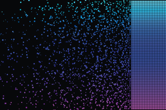 Scattered blue and purple squares dissolving into a gradient grid scattering