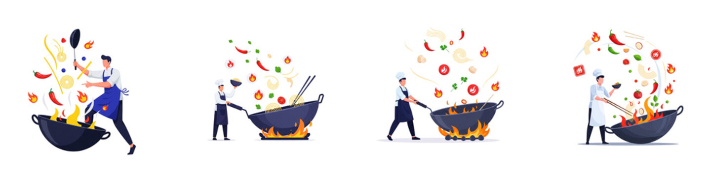 Chefs cooking asian food in wok pans with flying ingredients and fire