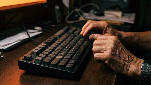 Authentic workforce experienced professional concept. Close up of weathered senior engineer hands typing steadily on a well used mechanical keyboard with monitor glow flickering on the hands.