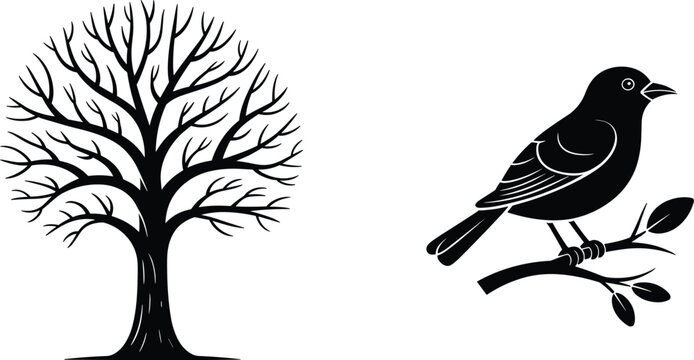 Tree and bird silhouette illustration with leafless branches, perched bird, natural contrast, black design, simple bold nature artwork