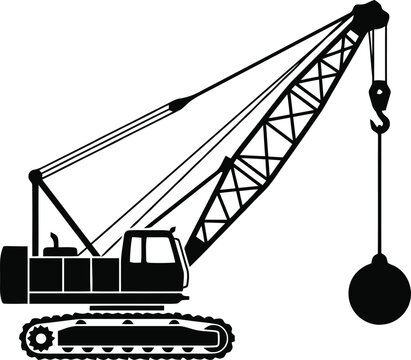 Black silhouette of a wrecking ball crane on a white background, demolition construction heavy machinery