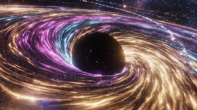 Vibrant swirling colors around a black hole.