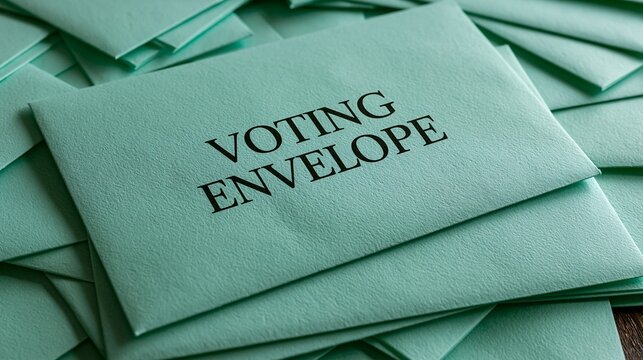 Stack of mint green voting envelopes with black embossed text.