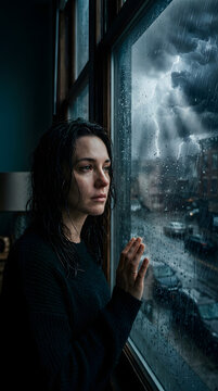 Dramatic cinematic portrait of a person standing by a large window during storm