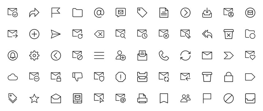 Email icon set. Minimal thin line web icons. Featuring inbox, send, flag, folder, tag, notification, spam, archive, delete, reply all, arroba, backspace and more. Editable stroke.