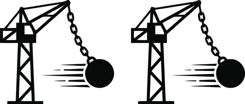 Black silhouette of a wrecking ball crane with motion lines, isolated on white demolition construction