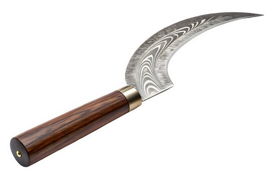 Tactical curved karambit knife with damascus blade and wooden handle - Isolated on transparent background