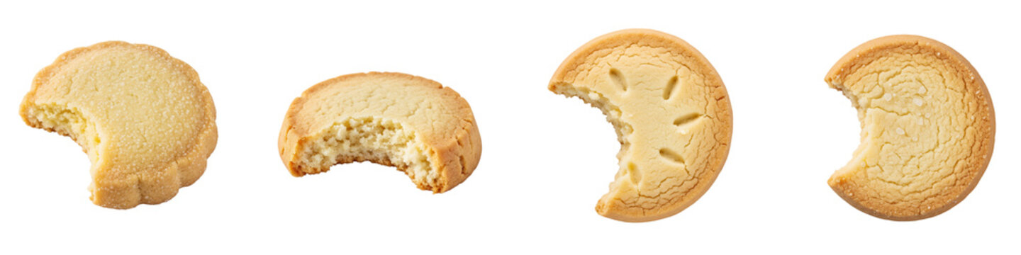 Collection of four bitten round shortbread butter cookies on black background