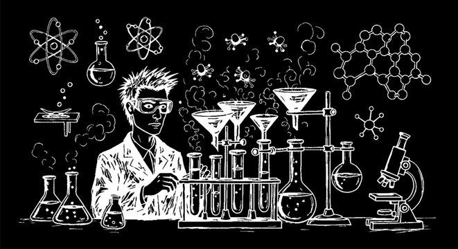 Cartoon Scientist Conducting Laboratory Chemical Experiments.
