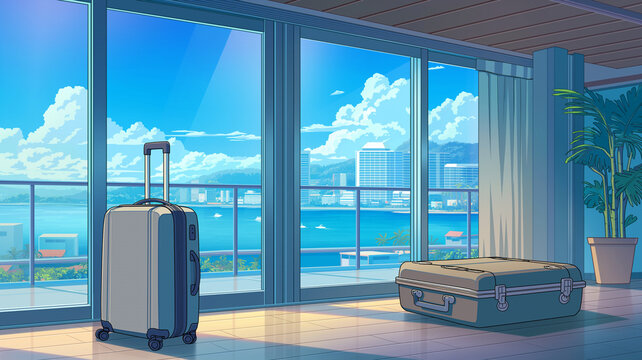 海辺のリゾートホテル客室に旅行用の荷物が並ぶ背景イラスト。スーツケース、トランク、ベランダ、宿泊施設、室内、玄関、家具、観葉植物、テーブル、チェックイン、チェックアウト、休暇、観光、バケーション、トラベル、旅支度、無人、ホテルステイ、旅行計画、夏休み、旅行サイト、背景素材、挿絵、広告、ブログ、バナー、サムネイル向けのイラスト素材。宿泊予約ページにも使いやすい。宿泊イメージに最適。観光広告にも便利。