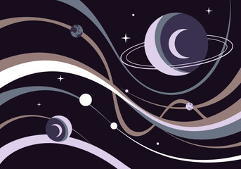 Abstract Minimalist Space Background with Stylized Planets and Flowing Cosmic Lines in Muted Tones © amat
