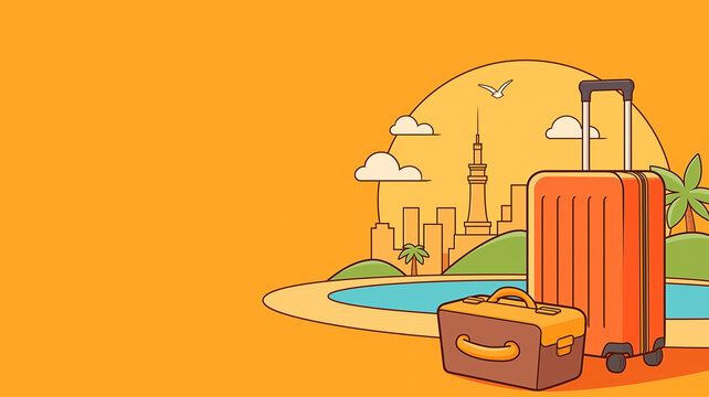 旅先のホテル客室に置かれたスーツケースを描いた背景イラスト。リゾートホテル、旅行、チェックイン、荷物、客室、ベランダ、海辺の景色、観葉植物、家具、テーブル、床、入口、玄関、休暇、バケーション、観光、宿泊、無人、室内背景、ホテルステイ、トラベル、夏休み、旅支度、出発、到着、旅行素材、背景素材、挿絵、広告、ブログ、バナー、サムネイル、観光案内に使いやすいイラスト素材。商用利用にも便利。旅の導入に便利。