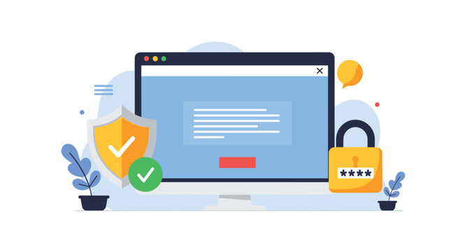 Cybersecurity illustration showing a desktop computer monitor protected by a security shield and a password lock for safe internet browsing.