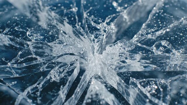 Macro video of clear ice cracking gradually with visible internal white fractures expanding across the surface, showing crystalline texture and freezing patterns in close-up detail.