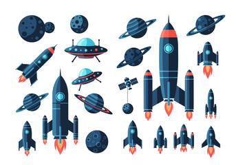 Space Exploration Vector Icon Set: Rockets, Planets, UFOs, and Satellites in Flat Design Style © amat