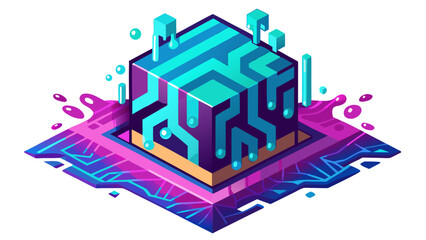 Obraz premium Isometric digital data cube with glowing circuitry and abstract fluid elements technology isometric abstract information computer processor hardware connectivity electronic innovation