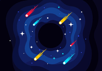 Abstract Vector Illustration of a Black Hole with Colorful Flying Comets and Stars in Deep Space Galaxy © amat
