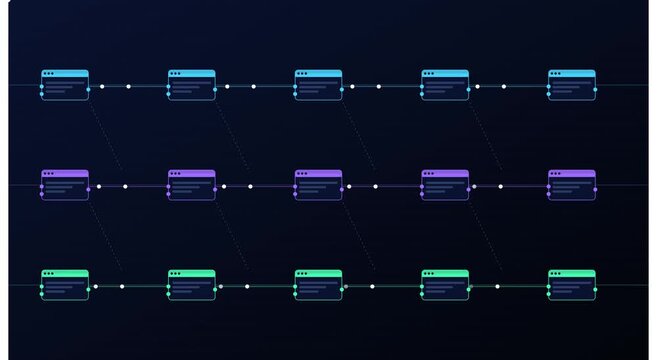 Blockchain network data nodes and distributed ledger animation