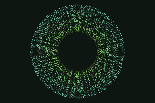 Glowing cyan digital binary dots forming concentric ring pattern on black background