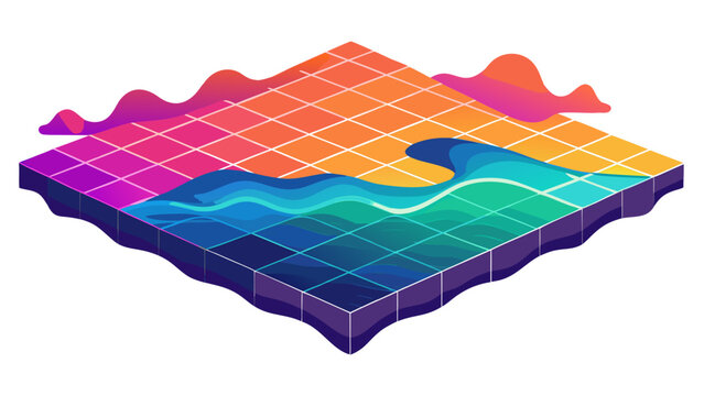 Isometric ocean wave with grid pattern and retro colors isometric colorful abstract landscape perspective background aesthetic creative illustration stylized contrast elements backdrop