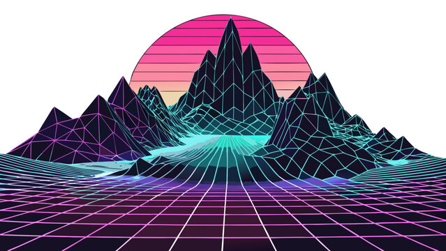 Retro wireframe mountain landscape isolated on white background with wireframe mountains landscape synthwave retrowave vaporwave isolated background futuristic abstract electronic nostalgia