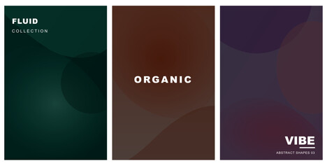 Fototapeta premium Set of three abstract fluid background posters with organic shapes and dark gradient colors. Vector illustration.
