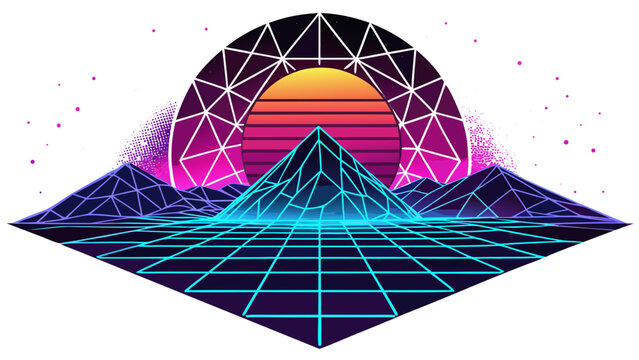 Neon 80s style retrowave mountain landscape with circular geometric frame retrowave synthwave mountain landscape wireframe geometry vaporwave abstract eighties background futuristic