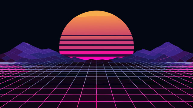 Abstract synthwave sunset landscape with glowing grid horizon and dark mountains synthwave retrowave landscape mountain wireframe vaporwave background abstract eighties futuristic computer