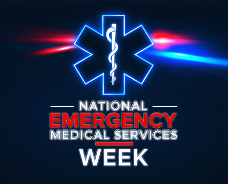 Bright glowing star of life emblem with emergency medical services week text in futuristic design