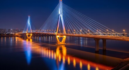 Obraz premium Illuminated Bridge at Night Reflecting in the Water with City Lights.