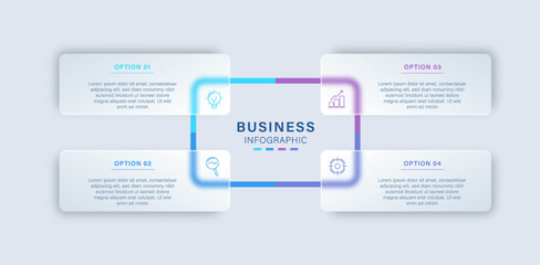 Naklejka premium Modern glassmorphism business infographic template with four connected workflow steps and transparent glass style elements