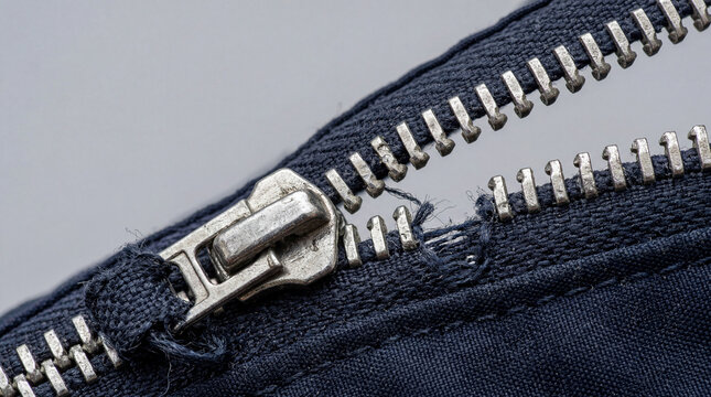 Macro close up of broken metal zipper on dark blue denim fabric with damaged teet