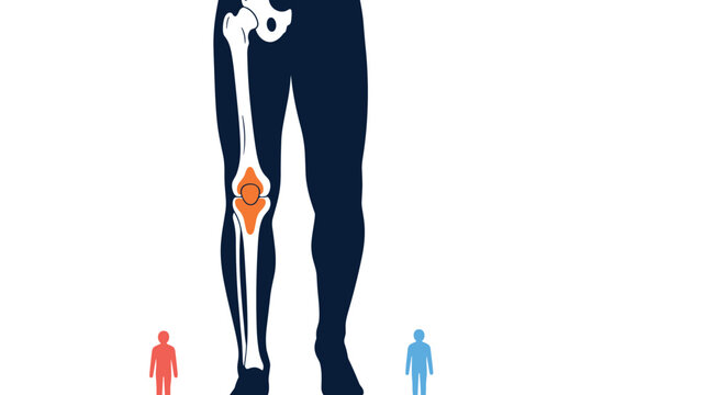 Anatomical illustration of the human leg and knee joint highlighting the kneecap and surrounding bone structure for medicine.