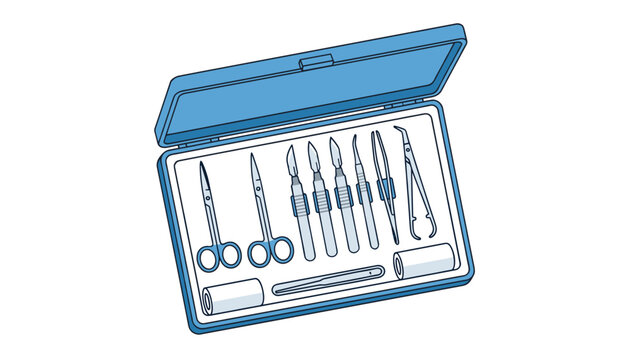 A professional surgical dissection kit rests inside an open blue plastic case featuring various stainless steel medical instruments.