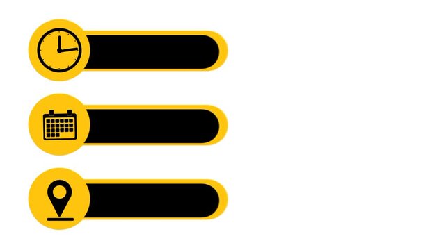 Time, date, and location icon set with yellow label area for information display and presentation.