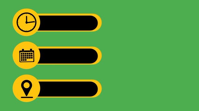 Time, date, and location icon set with yellow label area for information display and presentation.