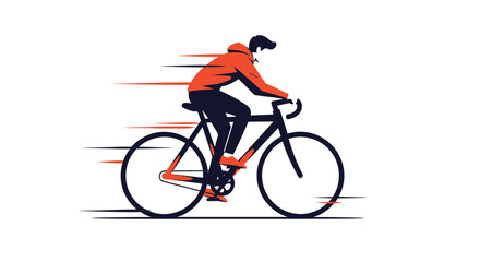 Fototapeta premium Dynamic illustration of a male cyclist riding a black road bike at high speed with motion blur lines on a white background.