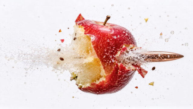 High-speed macro of a bullet piercing a fresh red apple with a jet of white mist and seeds frozen in the impact