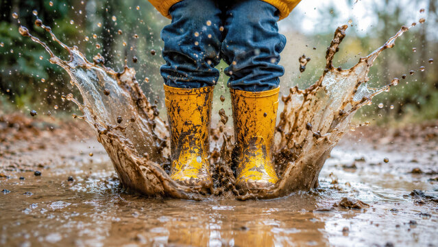 Child boots splashing into a muddy water puddle creating giant fluid arches frozen like solid glass sculptures