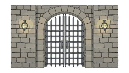 Fototapeta premium An imposing stone gate with iron bars and glowing wall-mounted lanterns stands as a secure entrance in a sturdy masonry wall structure.